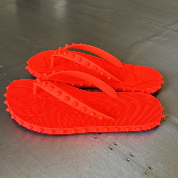 Christian Louboutin loubi flip orange neon fluo rubber pvc flat thong sandal 37 - Picture 2 of 10
